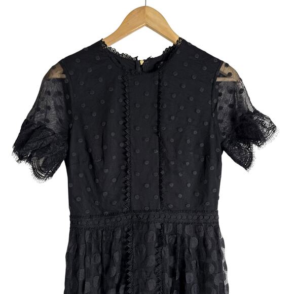 Saloni Andie Black Polka Dot Mesh Short Sleeve Cocktail Midi Dress Size 6 - Picture 7 of 15
